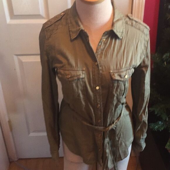 Maeve safari belted jacket shirt olive green sz 2 - Picture 2 of 6
